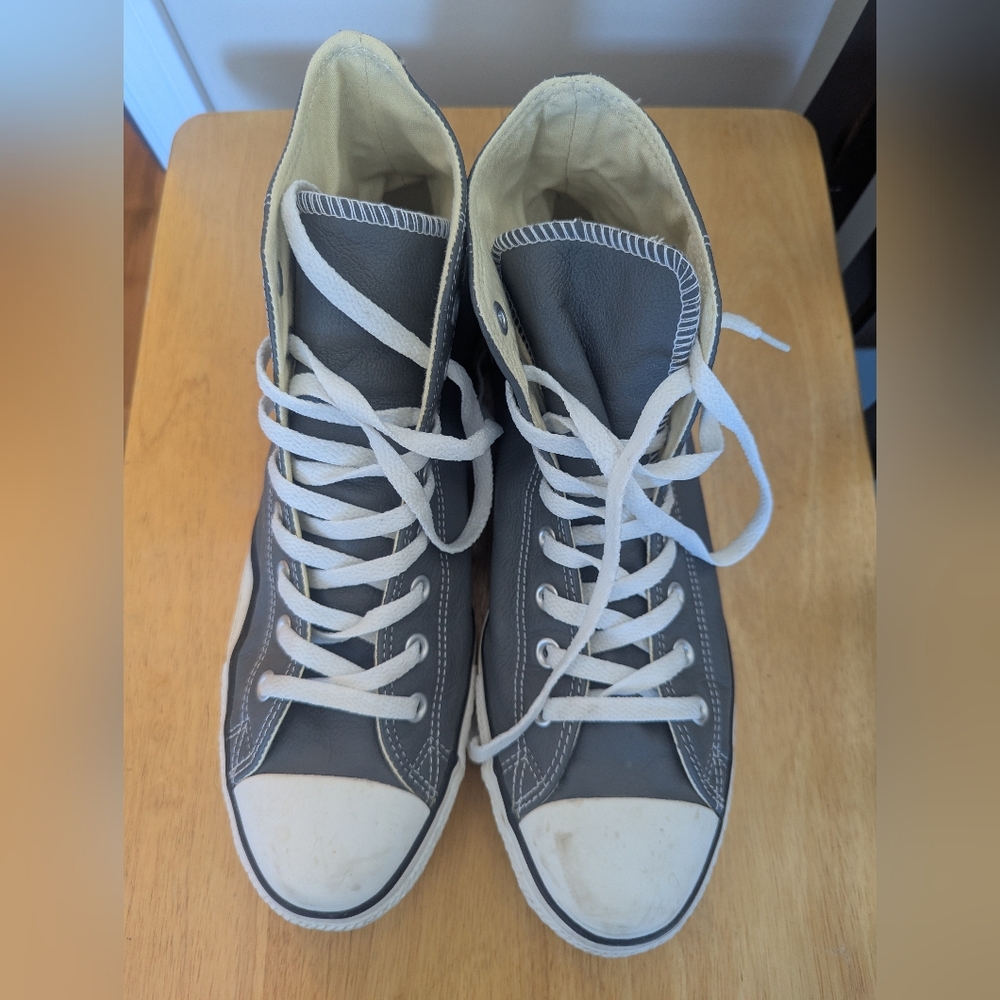 Converse Leather Gray High-Top Sneakers with White Laces
